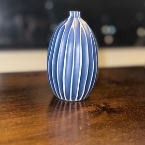 Blue and White Striped Ceramic Bud Vase